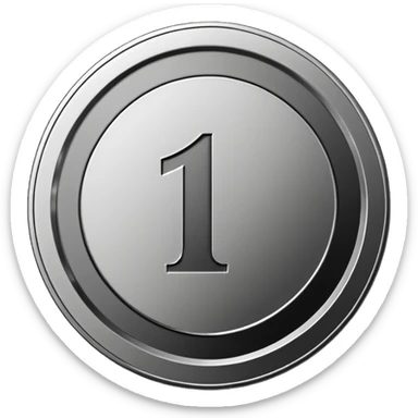 Emoji icon of a metal coin with engraved number 1, minimalist style, isolated, only metal color sticker