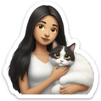 A girl with long dark hair and a white fluffy cat is lying on her left shoulder and neck sticker