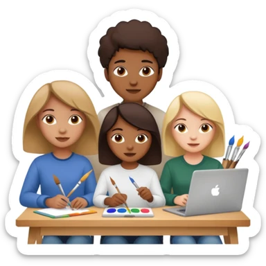 three diverse design students working on creative project with art supplies and laptops sticker