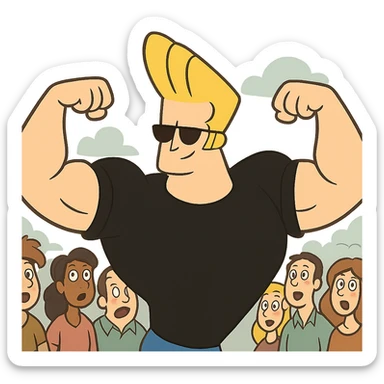 johnny bravo cartoon character, flexing in front of a crowd, cartoon style sticker