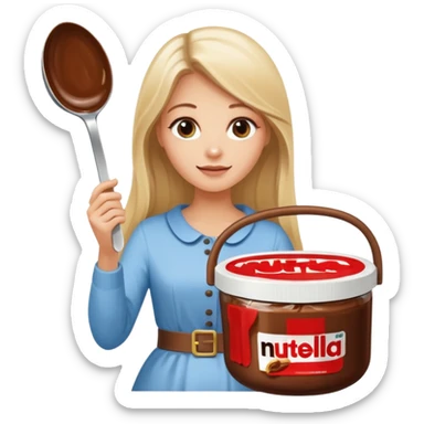 Nutella with a spoon. The glas of Nutella is almost empty . Next to the Nutella is the head of a blond woman who is looking forward to eat the Nutella. The hair of the woman needs to be longer. She is holding a big carriage of Nutella in her right hand and a oversized spoon in the other  sticker