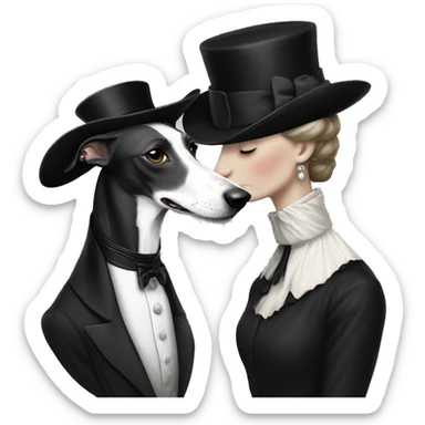 Two aristocrat dog black and white galgo kiss with women  sticker