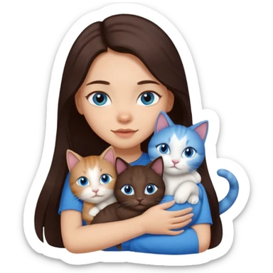 a girl with long dark 
brown hair, with blue eyes, hugs 3 different natural coloured cats sticker