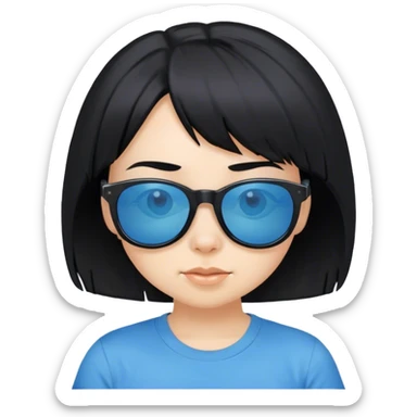 A girl with black bob hair with pony, wearing black sunglasses，funny(0.5) face (0.5)， a blue t-shirt. sticker