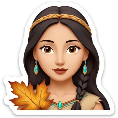 Cinematic Playful Pocahontas Portrait Emoji, Tilting her head with a knowing smirk, holding a delicate autumn leaf, eyes glimmering with adventure, an enchanting blend of confidence and charm, absolutely captivating! sticker