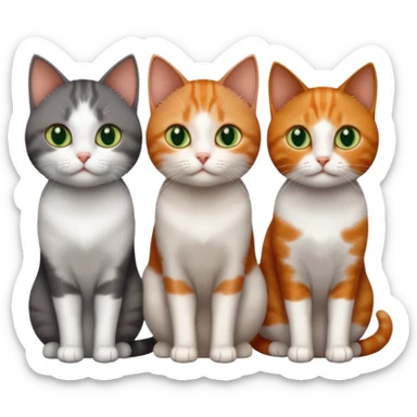 3 different coloured tiny short haired cats, including a dark grey and white cat with green eyes,and  a ginger and white with orange eyes and a brown tabby and white with hazel eyes sticker