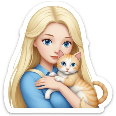 pretty woman with pale skin and with BLUE eyes and very long blonde hair  hugging a bicolor cat sticker