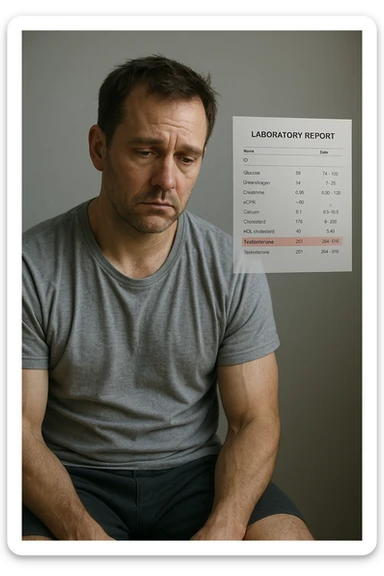 Un uomo caucasico di 35-45 anni, in CGI fotorealistico, che mostra i segni fisici ed emotivi di un basso livello di testosterone. aggiungere un referto medico semi-trasparente fluttuante accanto a lui, con valori di testosterone evidenziati in rosso. sticker