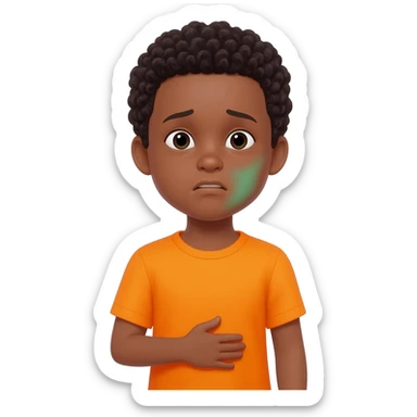 black boy curly hair orange shirt feel sick hand on stomach green face sticker