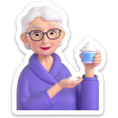 elderly woman offering yogurt sticker