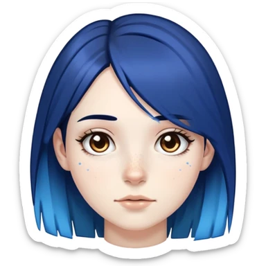 Pale girl with brown eyes, freckles, black hair, with two strips of blue hair sticker