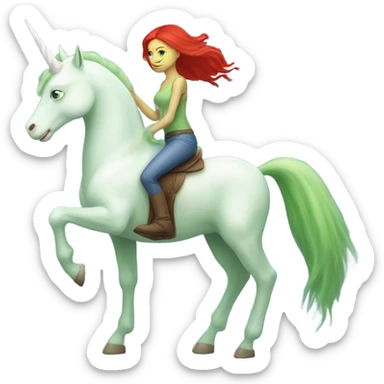 [politically incorrect
	{ woman: alien, color: light green, hair:red, eyes:cat} ]
	on a 
	[{ unicorn: white, legged:four, mane: light blue }] sticker