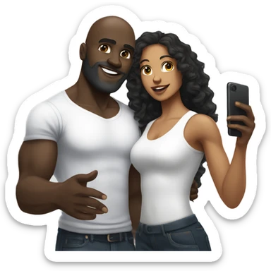 Muscular Dark skin man with bald head and beard taking selfie with light skin woman with long black curly hair sticker