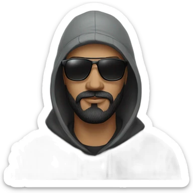 a man with black beard, gray Beanie, black sunglasses, that wears a black hoodie sticker
