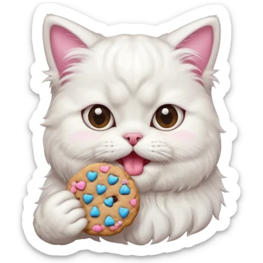 happy white Persian cat eating a cookie, emoji style sticker