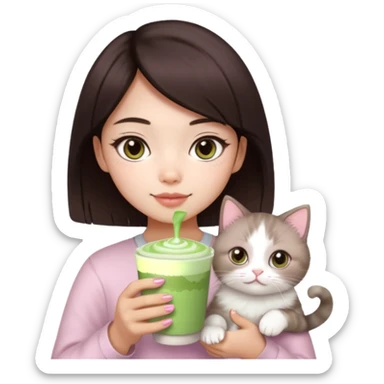 asian girl with short dark brown hair and dark brown eyes with a soft girl pink glowup aesthetic, matcha latte, 2 ragdoll cats, and sparkles sticker