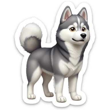 cinematic-[siberian husky]-realistic-full-body-standing-emoji,-tail-resting-loosely-beside-its-paws,-head-tilted-dramatically, -fluffy-[grey and white]-fur,-simplified-yet-realistic-focused-features,-highly-detailed,-glowing-with-an-almost-sarcastic-glow sticker