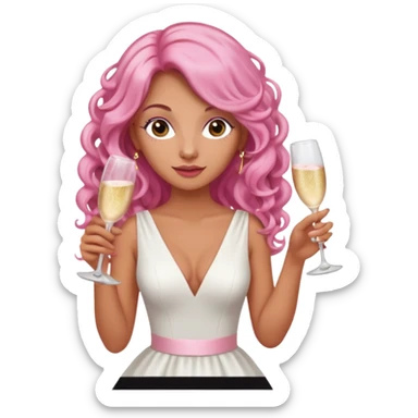 One lady with long pink curled hair and tan skin holding a glass of  pink champagne in each hand sticker