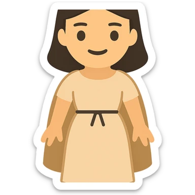 Create a fullbody view of a character in the style and proportions of the reference image. The character should wear a plain light tan dress, have dark hair, and wear the same cape as in the reference image. The style is emoji style with a transparent background. sticker