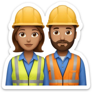 me haces una mujer pelo marron y un hombre con barba , que ambos esten vestidos como constructores de obra  sticker