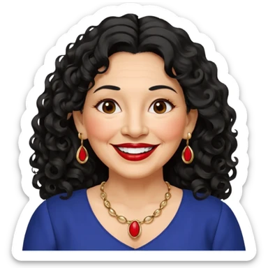 60 yr old Mexican woman, slightly chubby, wavy/curly long black hair, red lipstick, big smile, white teeth, brown eyes, hoop earings, side part to hair, round face, nice blouse, no wrinkle hair side swept, big hoop earing sticker
