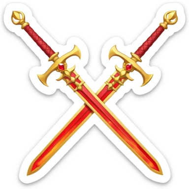 Two crossed swords that are golden in blade and handle and have fiery and royal appearence to them as well as red gem stones yellow in color sticker