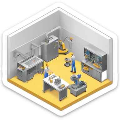 isometric square transparent solid outline border containing indoor creative workshop handmade factory three people actively working cnc machine tools vacuum simple clean industrial sticker