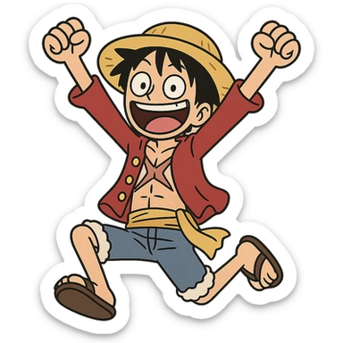 Luffy from One Piece jumping enthusiastically, straw hat prominent, simplified cartoon style sticker