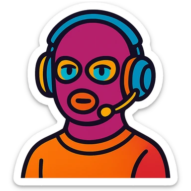 person with a ski mask and gaming headset, vibrant colors sticker