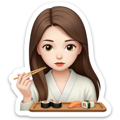 pale brunette girl with long looking down eating sushi sticker