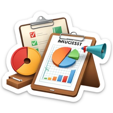 An icon featuring a pie chart, a clipboard with a checklist, and a megaphone, symbolizing management and marketing. The design includes upward-trending graphs and a target with an arrow, representing strategy and success. Transparent background highlights business organization and promotion. sticker