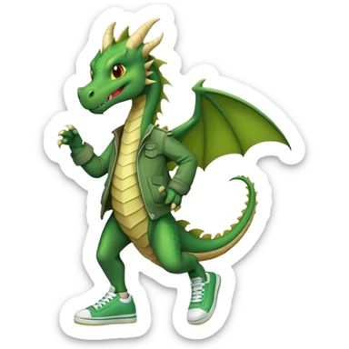 friendly anthropomorphised green dragon in a jacket and sneakers walking upright, relaxed pose sticker
