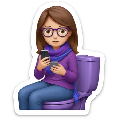 Fille châtain peau blanche avec lunettes. Elle porte une grosse écharpe violette, bleu et orange. Elle assise dans une cuvette de toilette. Téléphone en main. Realiste sticker