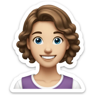 19 year old girl, brown hair styled not tied up, white skin, blue eyes, laughing sticker