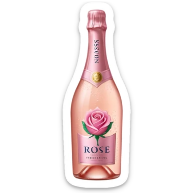 bottle of sparkling rosé with a rose logo on the label, angled to the left, no glass sticker