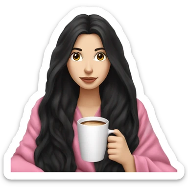 A pretty white girl with very long black hair in a pink blanket sipping coffee sticker