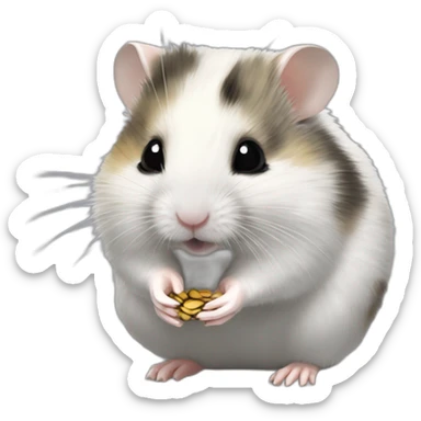 A Campbell dwarf hamster with a patchy greyish white fur sitting and eating a sunflower seed sticker