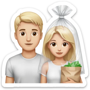 Blonde guy and blonde girl with brown eyes holding a plastic bag sticker