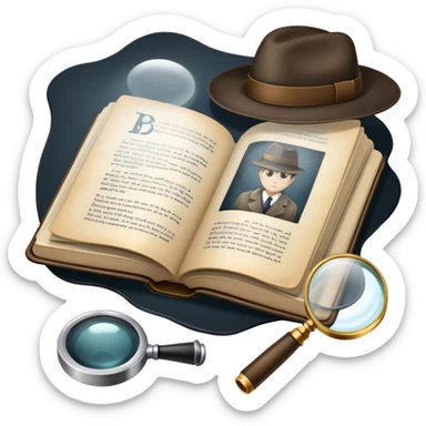 Icon for Detective Reading: an open book with text and a magnifying glass, a detective’s hat and a notebook with clues, surrounded by dark shadows and mysterious elements like footprints. Transparent background. sticker