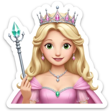 glinda the good witch from wicked movie, blonde hair, beautiful, big silver thin tiara, wand, pink gown sticker