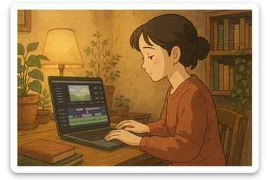 a woman editing a video on a laptop, ghibli-inspired style sticker