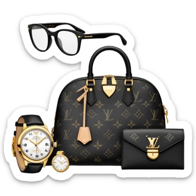 bag and watch, and glasses 1 specfic, all BLACK AND WHITE no other colors like gold put together like a bundle with no face, all luxury items like lv and prada, and rolex sticker
