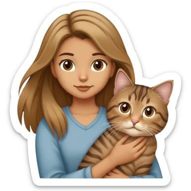 A girl holding a long-haired tabby cat and a short-haired tabby cat sticker