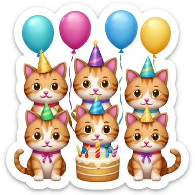 six guy cats at a birthday party, some holding gifts, some eating cake, festive decorations, emoji style sticker