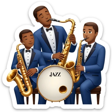 Icon for Jazz Music: The Jazz Messengers, featuring a dynamic composition with Art Blakey on drums and musicians playing saxophone, trumpet, and piano. Musical notes and a warm jazz club atmosphere emphasize the vibrant hard bop style. Transparent background. sticker