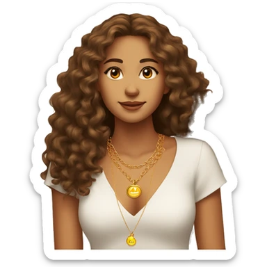 young woman tanned skin brown eyes brown long curly hair with sun gold necklace sticker