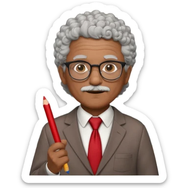 old man teacher, brown skin, curly grey white hai, wearing glasses, brown suit, red tie hold chalk on hand sticker