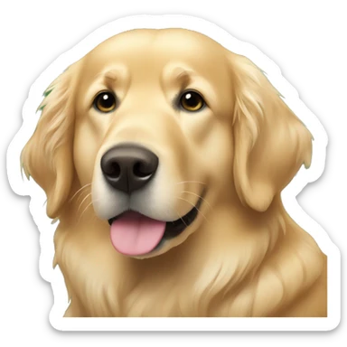 elderly golden retriever next to a christmas tree sticker
