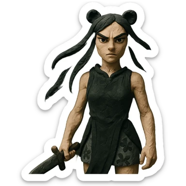 mysterious gothic female fighter with long flowing black hair, sharp intense eyes, small black bear ears, sleeveless black ritual robe top, gray combat shorts with dark floral pattern, quiet but commanding presence, soft dark aura sticker