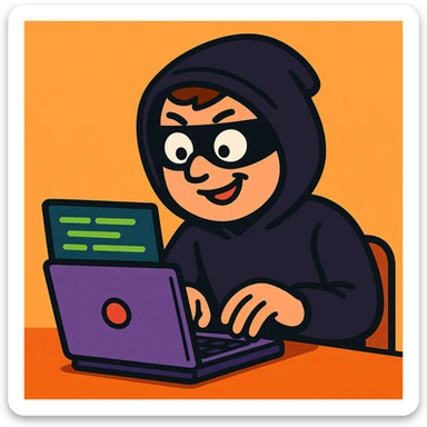 hacker, cartoon style, typing on laptop, green code, playful expression sticker